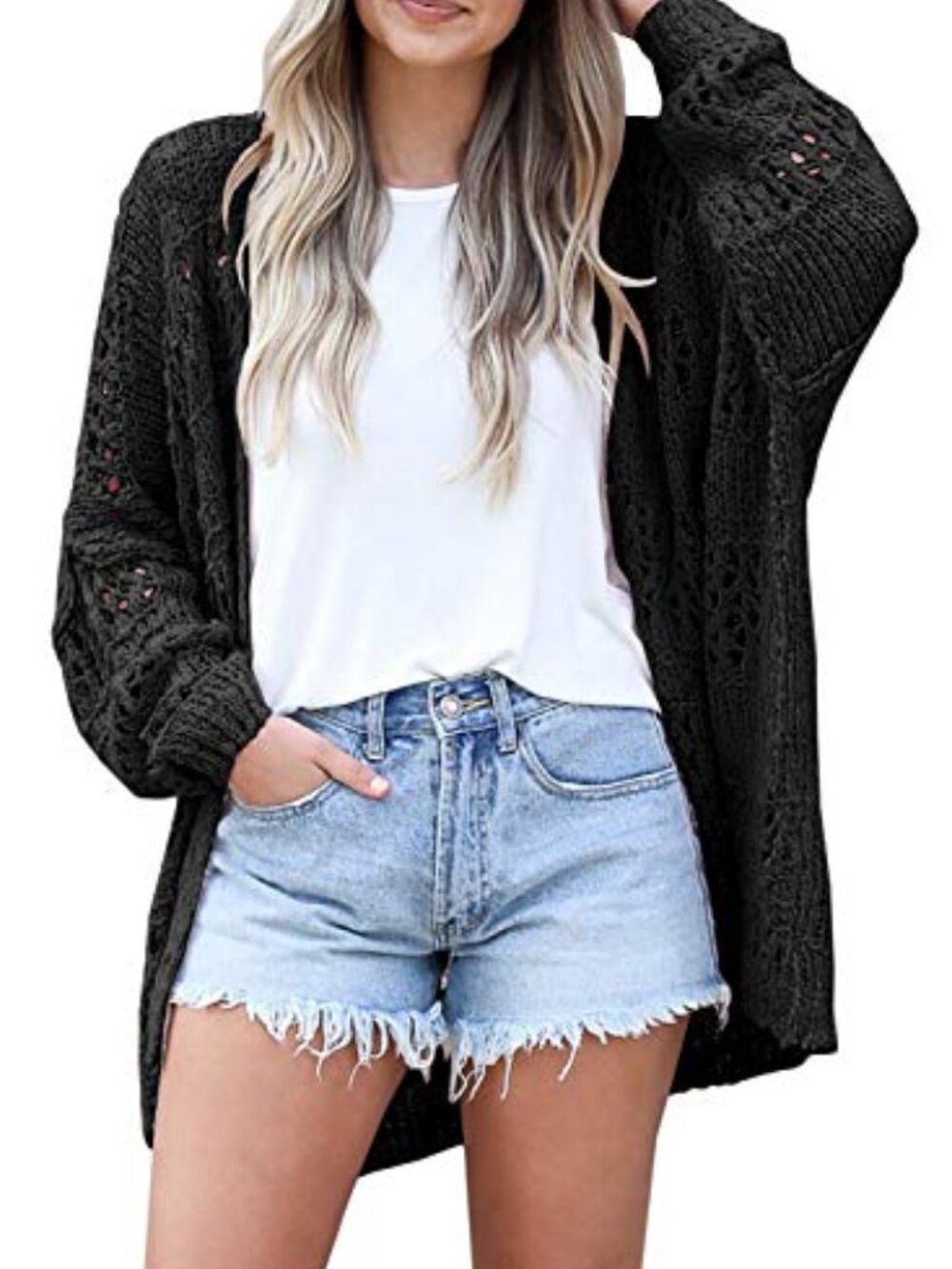 Crochet Knit Sweater Cardigan Boho Open Front Oversized Long Sleeve - Picture 2 of 7